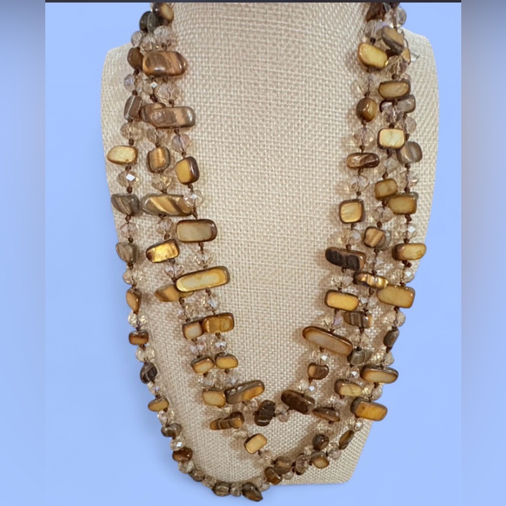 Triple Strand Tiger’s Eye Necklace | AB Glass Crystal Beads | Boho Layered